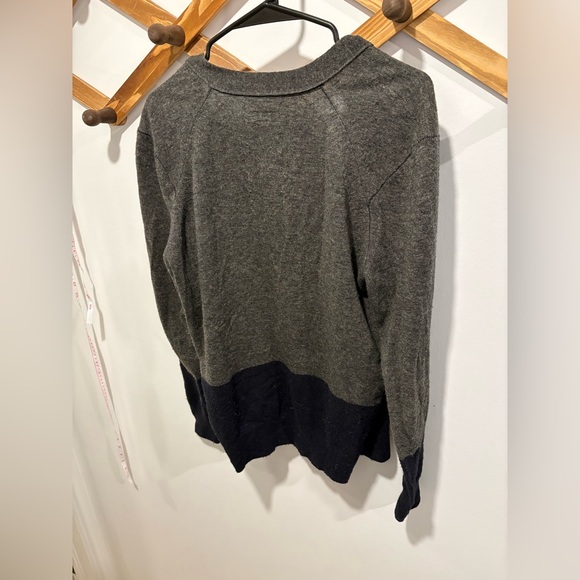 AllSaints men's grey and navy color-block merino wool open-front cardigan. - Picture 7 of 8